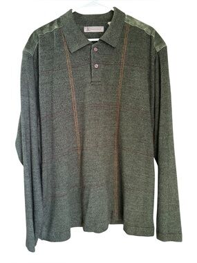 R&R Casuals Mens Long Sleeve Green Sweater Brown Design Leather Shoulders Size L